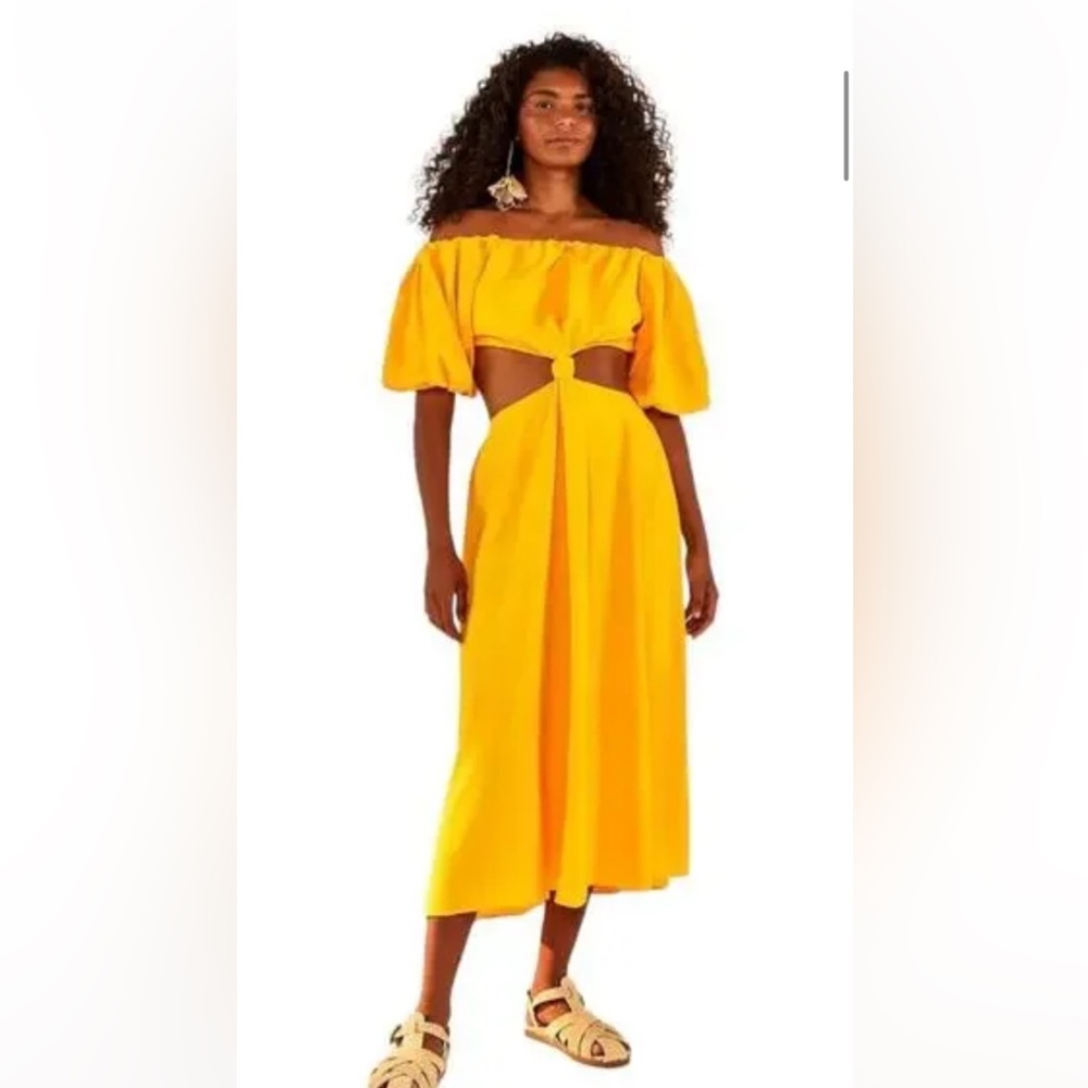 FARM Rio Yellow Off-Shoulder Knotted Midi Dress